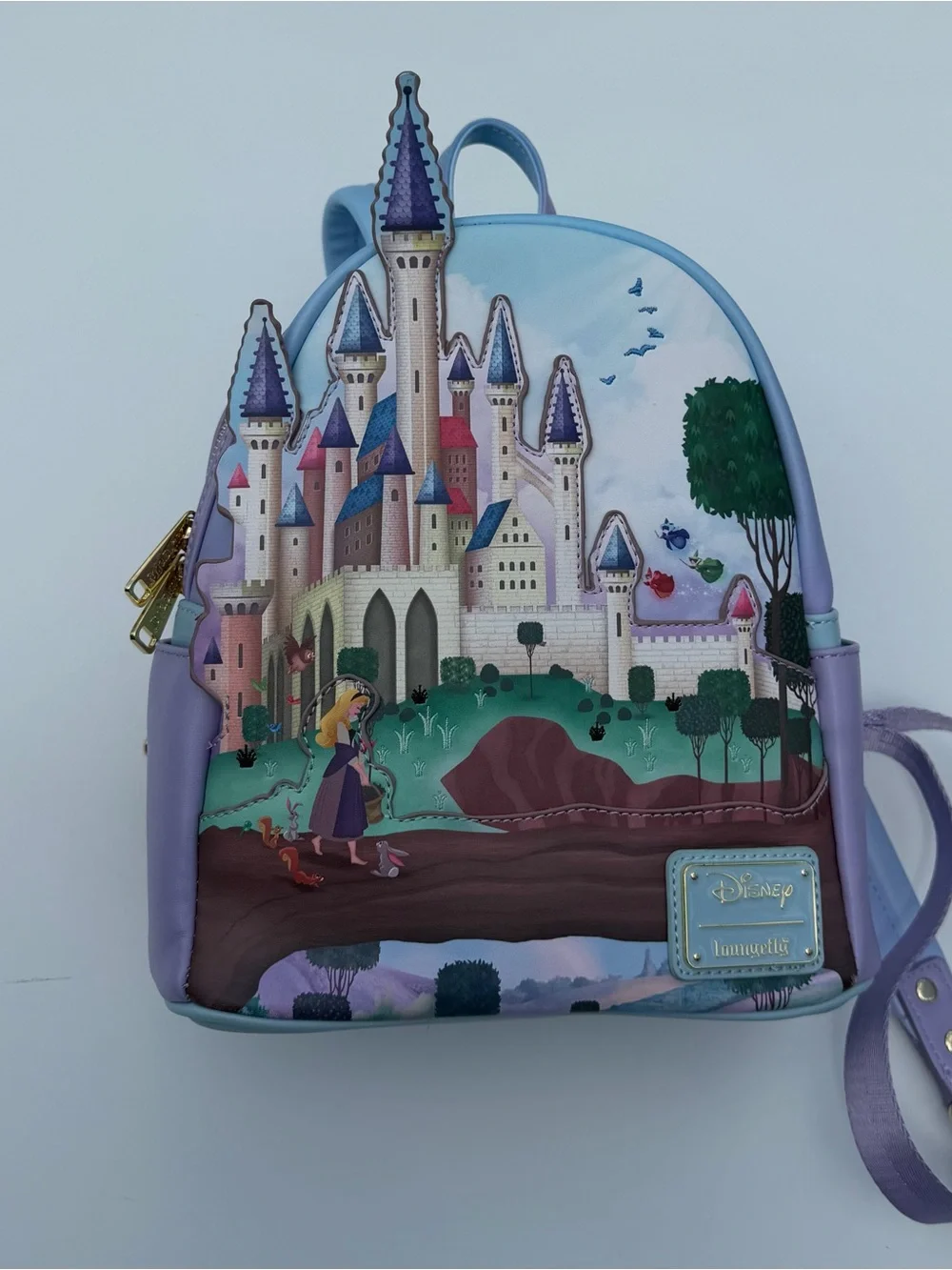 Loungefly Lavender and Sky Blue Rapunzel Castle Mini Backpack